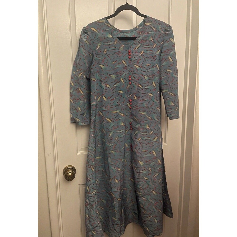 Handmade Women’s Designer Blue Kurti V-Neck Dress Flowy Long Sleeve One Size